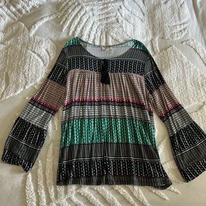 Style & Co. Striped Boho Tunic in Green, Black & Pink with Tassel